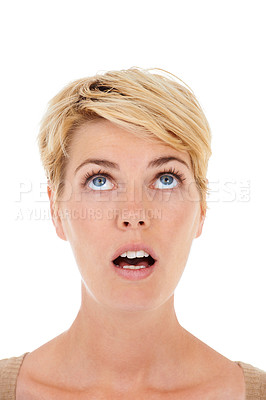 Buy stock photo Woman, face and thinking in shock for decision, idea or question on a white studio background. Closeup of female person, model or blonde looking up in wonder or thought for alert on mockup space