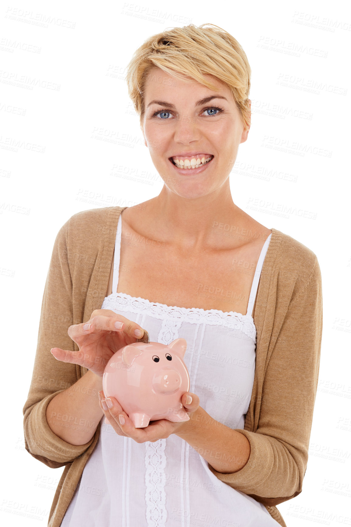 Buy stock photo Happy woman, portrait and coin in piggy bank for savings, investment or financial growth on a white studio background. Female person smile with money container for finance, budget or cash to profit