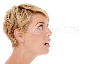 Buy stock photo Woman, face and shock on mockup space for news, notification or alert on a white studio background. Closeup, profile or female person, model or blonde looking with facial expression at special offer