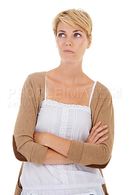 Buy stock photo Woman, thinking and arms crossed in doubt, decision or choice on a white studio background. Female person, model or blonde looking in distance, wonder or thought for ideas in confidence on mockup