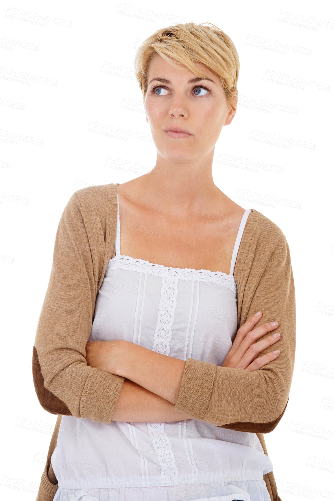 Buy stock photo Woman, thinking and arms crossed in doubt, decision or choice on a white studio background. Female person, model or blonde looking in distance, wonder or thought for ideas in confidence on mockup