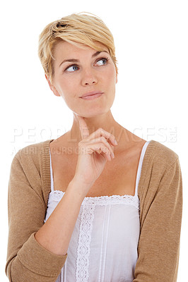 Buy stock photo Happy woman, face and thinking for choice, decision or option isolated on a white studio background. Young female person, model or blonde in wonder or thought for idea, pick or selection on mockup