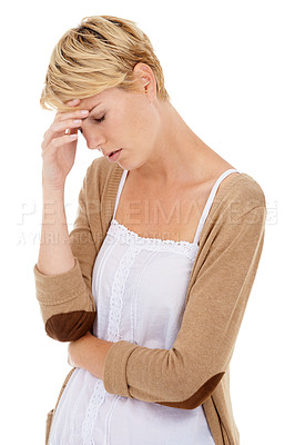 Buy stock photo Frustrated woman, headache and mistake in depression, burnout or anxiety on a white studio background. Face of tired or fatigue young female person with migraine in mental health, stress or breakdown