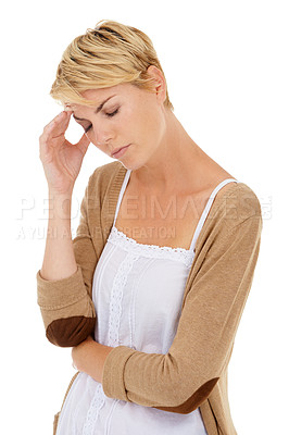 Buy stock photo Frustrated woman, headache and mistake in debt, burnout or anxiety on a white studio background. Face of tired or fatigue young female person with migraine in mental health, stress or depression