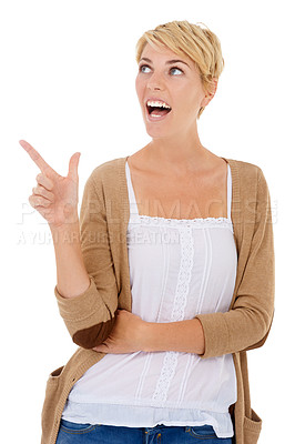 Buy stock photo Happy woman, pointing and surprise for choice, decision or pick on a white studio background. Female person, model or blonde smile with finger for alert, notification or thinking on mockup space