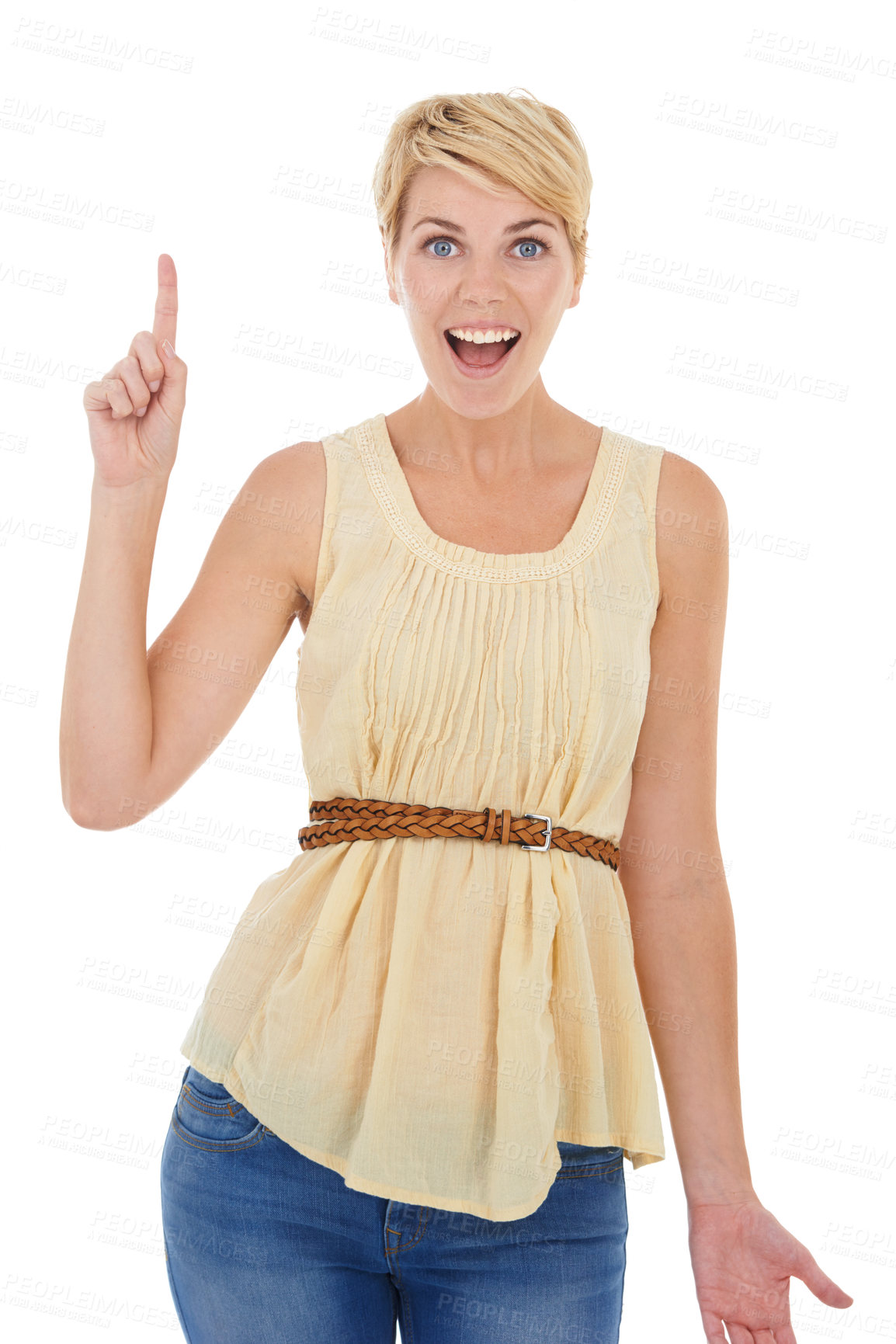 Buy stock photo Happy woman, pointing up and surprise for idea, solution or answer on a white studio background. Portrait of young female person, model or blonde smile with finger for question, choice or decision