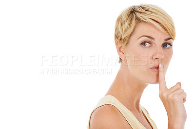 Buy stock photo Woman, secret and finger on lips for gossip or confidential information on a white studio background. Face of female person, model or blonde in silence for quiet, whisper or shush on mockup space