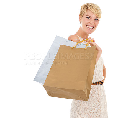 Buy stock photo Happy woman, portrait and shopping bags in fashion, purchase or buying on a white studio background. Female person, shopper or blonde smile with gift bag for deal, discount or clothing sale on mockup