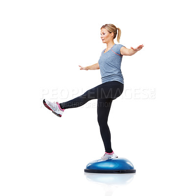 Buy stock photo Athlete, bosu ball or leg balance in workout for body development isolated on white background. Woman, training equipment or fitness for studio mockup space, core challenge or exercise for wellness 