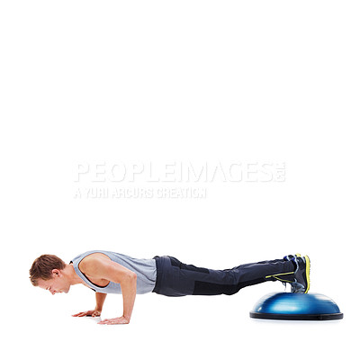 Buy stock photo Man, push up for fitness and balance on bosu ball for core training, muscle and workout on white background. Exercise equipment, strength and endurance with mockup space and strong athlete in studio