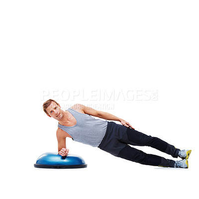 Buy stock photo Man, fitness and balance on bosu ball for core training, muscle and workout isolated on white background. Exercise equipment, strength and endurance with mockup space and strong athlete in studio