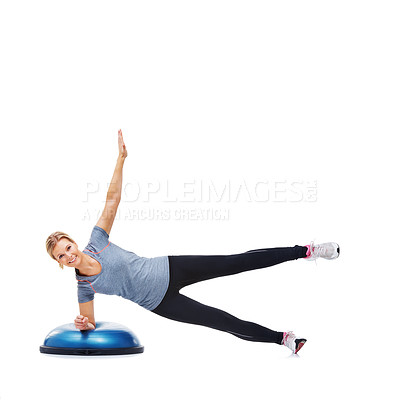 Buy stock photo Portrait of happy woman, ball or plank balance in studio or workout isolated on white background. Athlete, training equipment or fitness for mockup space, body challenge or exercise for wellness
