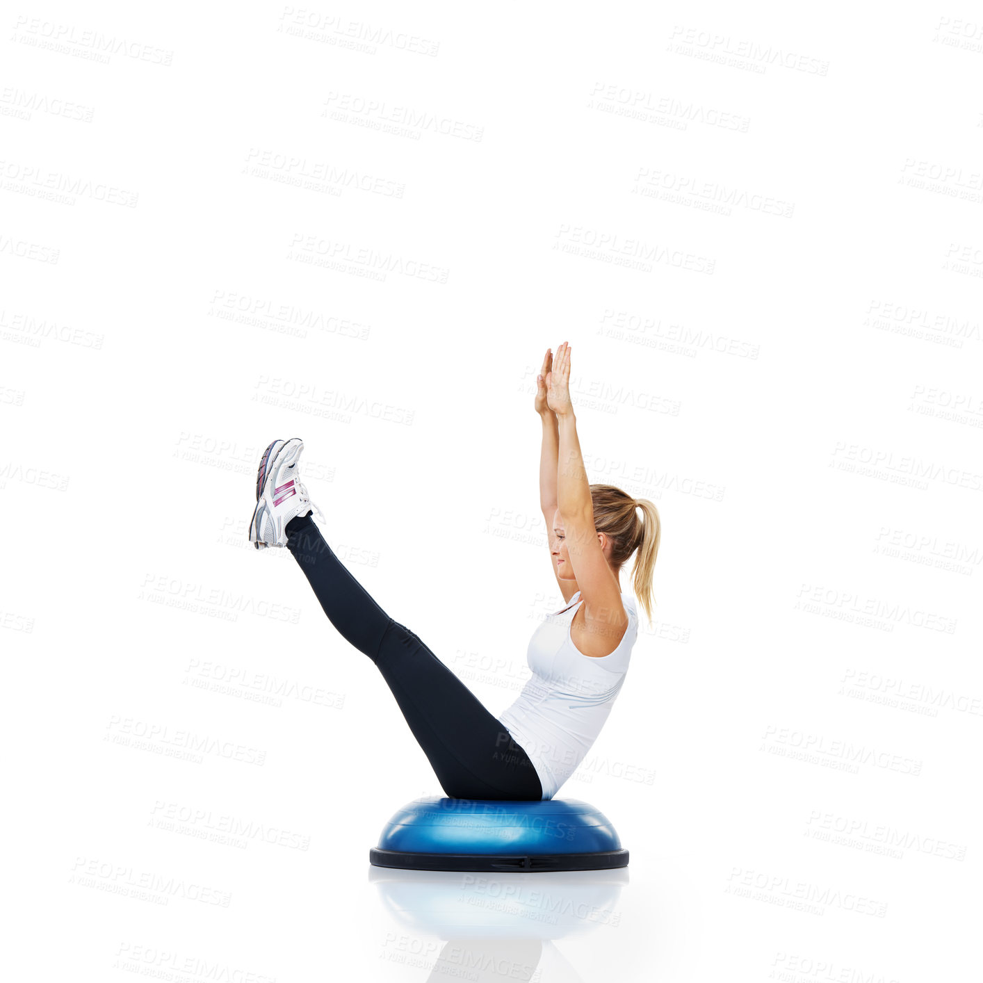 Buy stock photo Athlete, ball or body exercise in workout for abs or core strength isolated on white background. Woman stretching, training equipment or fitness for studio mockup space, balance challenge or wellness