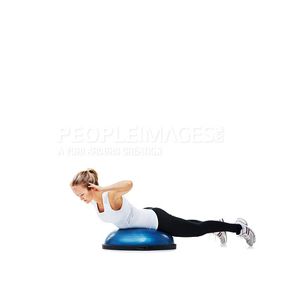 Buy stock photo Woman, half ball or core balance in studio workout performance isolated on white background. Female athlete, training equipment or fitness for mockup space, body challenge or exercise for wellness