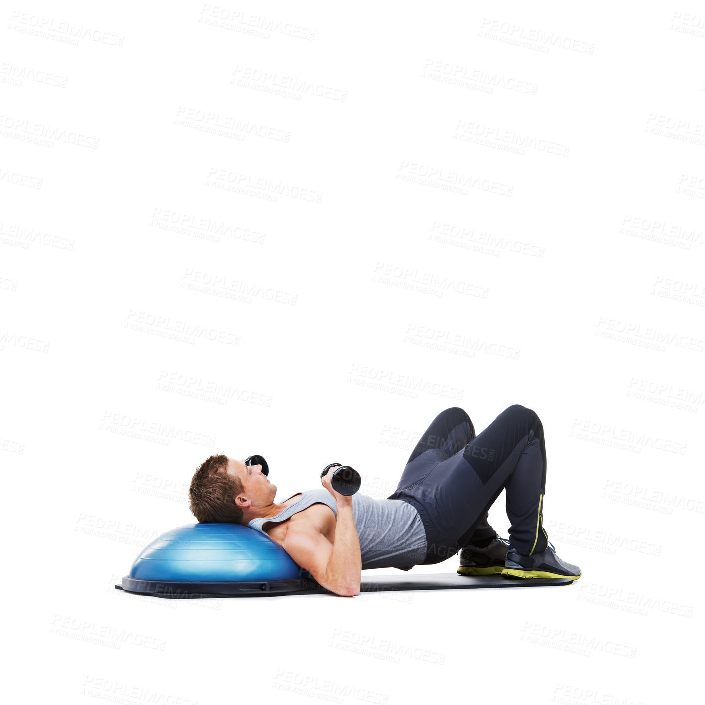 Buy stock photo Fitness, half ball or athlete in dumbbell workout performance for wellness in studio on white background. Strong male bodybuilder, man or training equipment for mockup space, challenge or weights