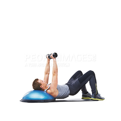 Buy stock photo Fitness, half ball or man in dumbbell exercise performance for wellness in studio on white background. Strong male bodybuilder, athlete or training equipment for mockup space, challenge or weights