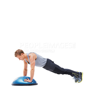 Buy stock photo Man, half ball and push up or training in studio, core strength and workout challenge for wellness. Male person, athlete and equipment for exercise, mockup space and performance by white background