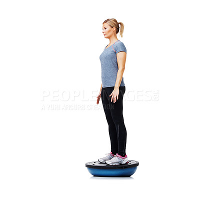 Buy stock photo Profile of woman, half ball or balance in studio workout performance isolated on white background. Athlete, training equipment or fitness for mockup space, body challenge or exercise for wellness