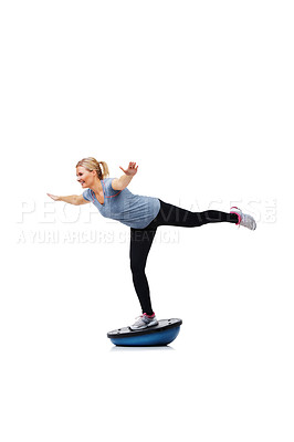 Buy stock photo Exercise, half ball and woman balance for wellness challenge, studio workout or legs strength performance. Gym equipment, stability training or athlete in fitness routine isolated on white background