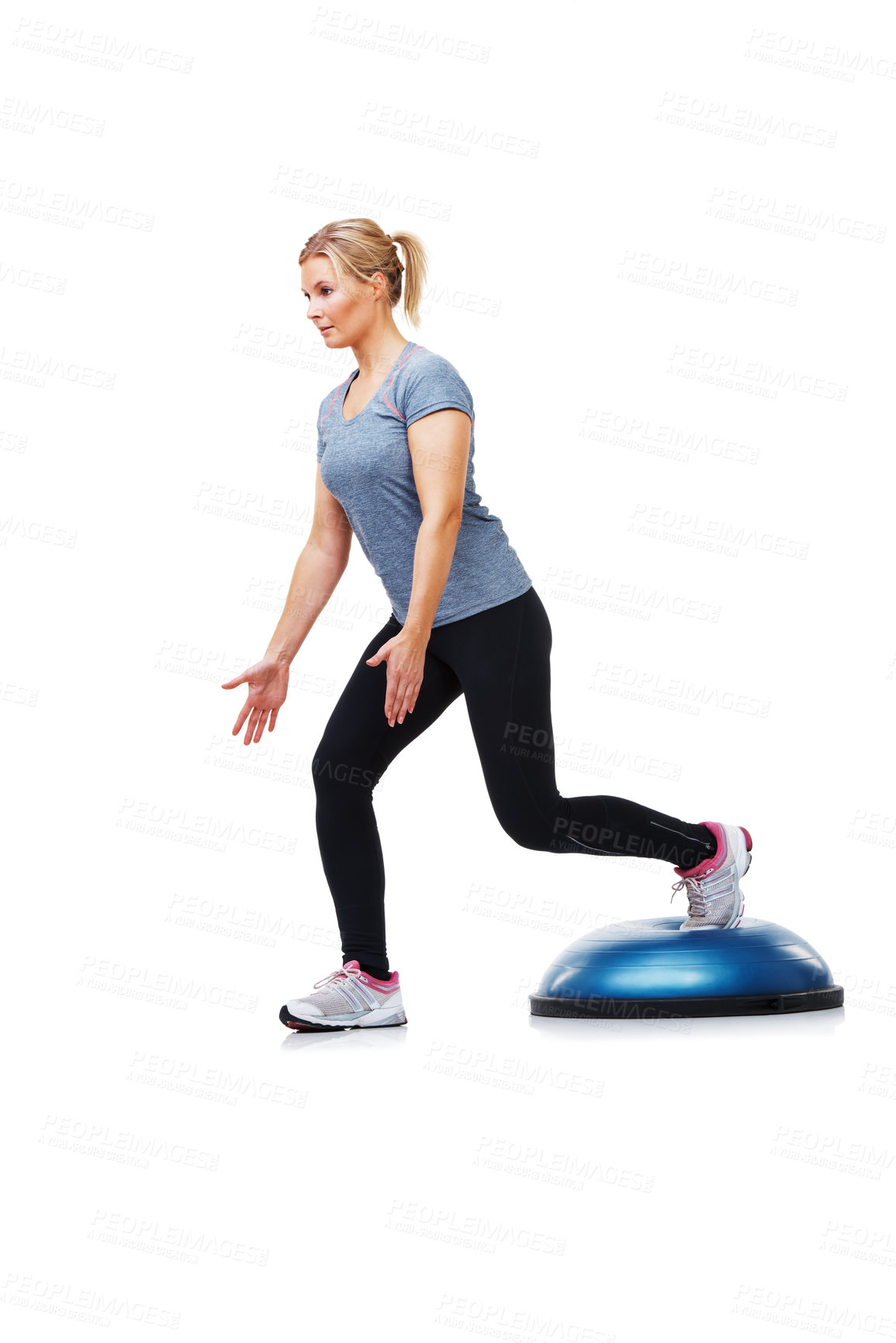Buy stock photo Exercise, half ball and woman doing lunge for wellness, studio workout or legs strength performance. Gym commitment, balance dome platform and person in stability training routine on white background