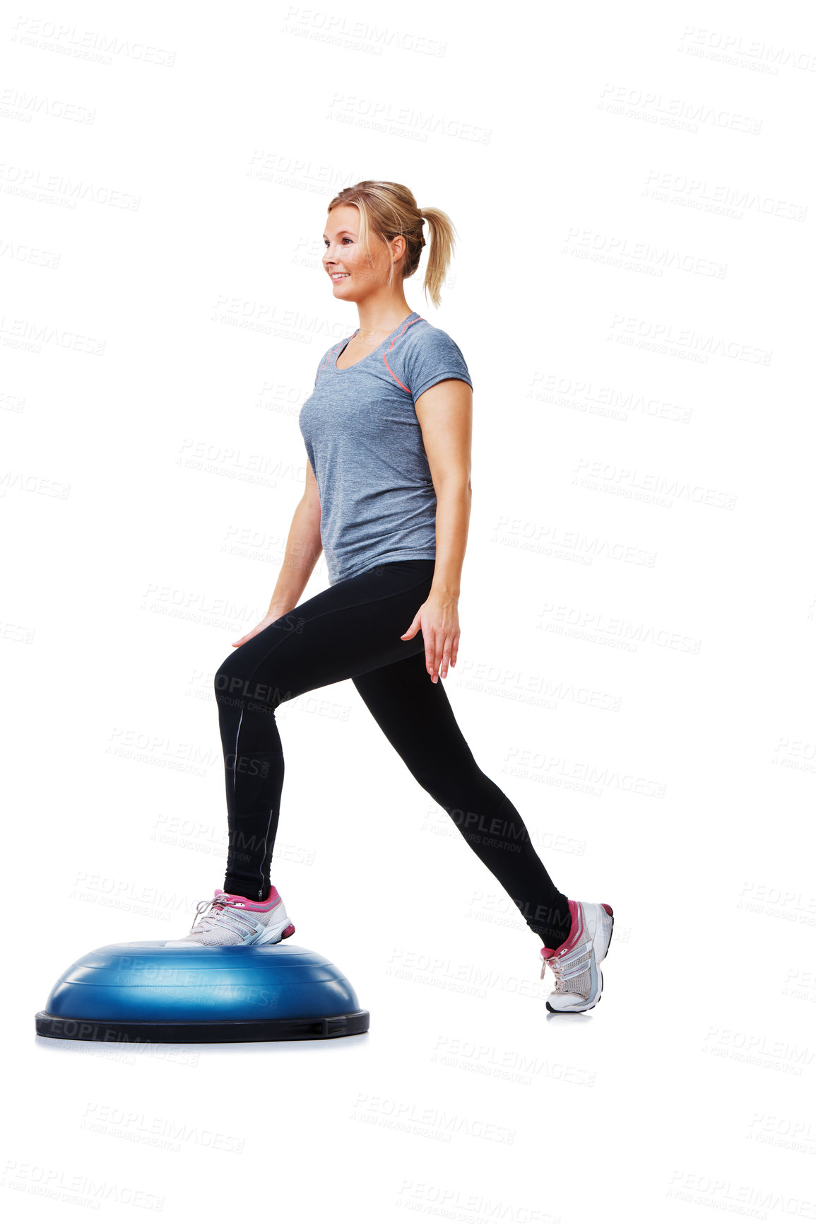Buy stock photo Training, half ball and studio woman doing fitness, step or wellness challenge for active exercise performance. Aerobics practice, stability equipment or person in fitness routine on white background