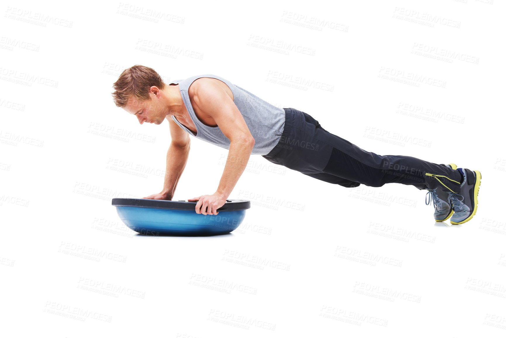 Buy stock photo Man, fitness and half ball for push up in studio for workout, strong exercise and gym with muscle health on floor. Bodybuilder or young sports model with plank or arms training on a white background