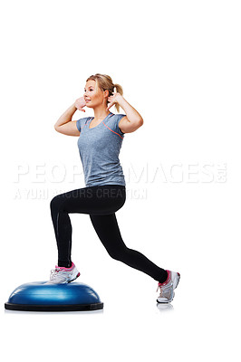 Buy stock photo Fitness, half balance ball and woman doing lunge for wellness, studio workout or legs strength performance. Gym commitment, training equipment and person in exercise routine on white background