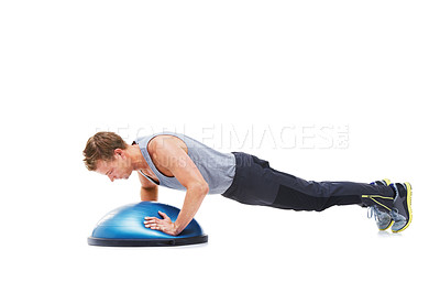 Buy stock photo Man, half ball and push up or fitness in studio, core strength and workout challenge for wellness. Male person, athlete and equipment for training, mockup space and performance by white background