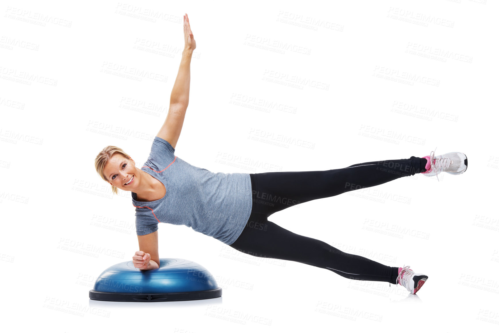 Buy stock photo Woman portrait, half ball and plank exercise for pilates performance, studio workout or core strength development. Balance, gym exercise or athlete smile for muscle training on white background floor