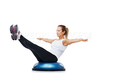 Buy stock photo Health, half ball and woman in a studio for stretching body workout or training with balance. Fitness, equipment and young female person with muscle warm up exercise isolated by white background.