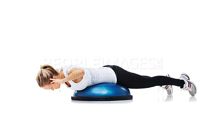 Buy stock photo Fitness, half ball and woman stretching in a studio for balance body exercise or workout for health. Sports, health and young female person with training on equipment isolated by white background.