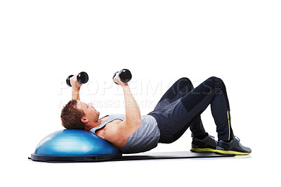 Buy stock photo Dumbbells, half ball and man doing workout for muscle building, bicep exercise or arm strength development. Gym studio, training equipment and person in fitness routine on white background floor