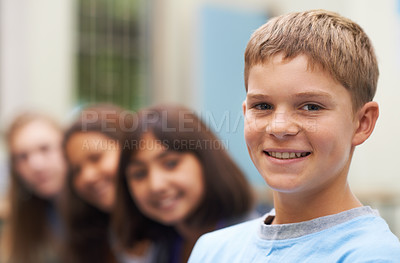 Buy stock photo Boy, portrait and happy outdoor at school with confidence and pride for learning, education or knowledge. Student, person and face with smile in building or college before class or ready to study  