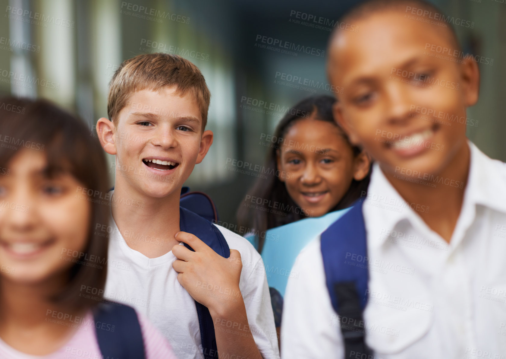 Buy stock photo Friends, portrait and happy in corridor of school with backpack for learning, education and knowledge. Student, person and face with smile in building before class or ready to study with diversity  