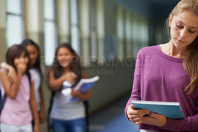 Buy stock photo Girl, school and sad student bullying victim feeling depression, lost or stressed in hallway or corridor. Kids laughing, depressed child or lonely female learner with anxiety, abuse trauma or fear