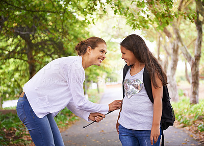 Buy stock photo Woman, smile and student in park with bonding, preparation and wellness with love in city outdoor. Mother, daughter and helping with backpack, care and happy together for back to school in urban town