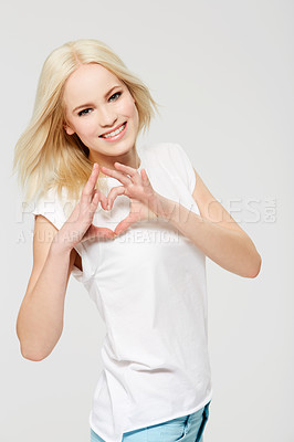 Buy stock photo Love, heart hands and portrait of woman with smile, kindness on white background. Motivation, support and loving heart sign hand gesture, happy woman fashion model in studio with trust and self love.