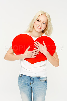 Buy stock photo Heart, sign and portrait of woman in studio for love, paper and emoji against a white background. Face, shape and girl showing care, affection and self love, happy and content, young and beautiful