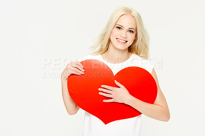 Buy stock photo Portrait, heart and woman in studio with paper, sign and love emoji against a white background. Face, shape and girl showing care, affection and self love, happy and content, young and beautiful