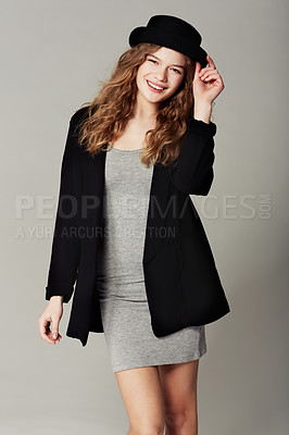 Buy stock photo Vintage, fashion and happy portrait of woman with style or aesthetic in grey background of studio. Confident, smile and girl with pride in unique or retro clothing with model in hat for trendy outfit