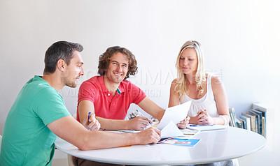 Buy stock photo Creative people, teamwork portrait and meeting for business startup project, design collaboration and advertising agency. Group, manager and happy designer with documents, color ideas and internship
