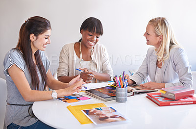 Buy stock photo Creative design, women and marketing meeting in the office for advertising, planning and teamwork collaboration together. Diversity, strategy and young people in a happy, smile and group conversation