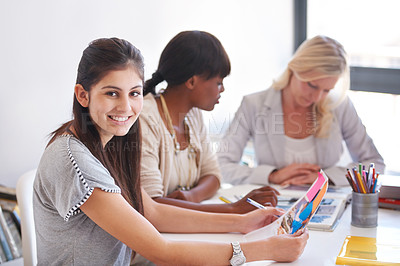 Buy stock photo Happy, motivation and teamwork with a intern at web design or creative business during a meeting for planning and innovation. Portrait of a young girl enjoying entrepreneurship internship at company
