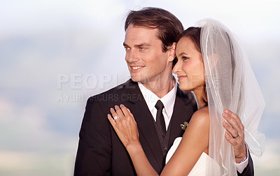 Buy stock photo Couple, love and hug on wedding day in outdoors, trust and commitment for marriage or relationship. Happy people, embrace and smiling in outdoor ceremony, partnership and celebrating vow or bonding