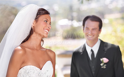 Buy stock photo Couple, smile and love on wedding day in outdoors, together and excited for marriage and commitment. Happy couple, romance and union at outside ceremony, loyalty and pride for fashion and partnership