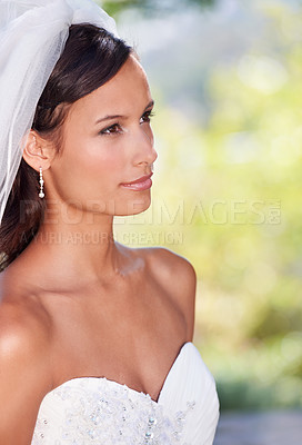 Buy stock photo Woman, confidence and beauty on wedding day in outdoors, veil and bridal fashion in nature. Female person, makeup and ready for marriage or commitment, cosmetics and luxury jewelry for party or event