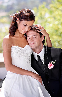 Buy stock photo Couple hug at wedding, peace and love for commitment with happiness and trust at celebration outdoor. Marriage, loyalty and people at ceremony for marriage, bride and groom at event with romance