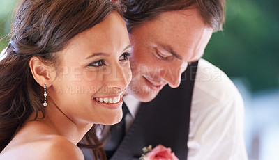 Buy stock photo Couple, smile and love on wedding ceremony in outdoors, together and excited for marriage and commitment. Happy couple, romance and union at celebration, loyalty and pride for fashion and partnership