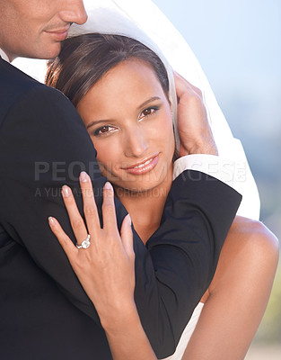 Buy stock photo Portrait, happy woman and man hugging at wedding with smile, love and commitment at outdoor reception. Romance, face of bride and groom at marriage celebration in embrace, loyalty and future together