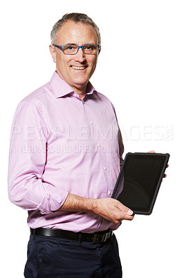 Buy stock photo MAture business man, tablet and mockup with screen, tech promo or company website ads on white background. Portrait, UX and connectivity, professional advertising with IOT and digital info in studio